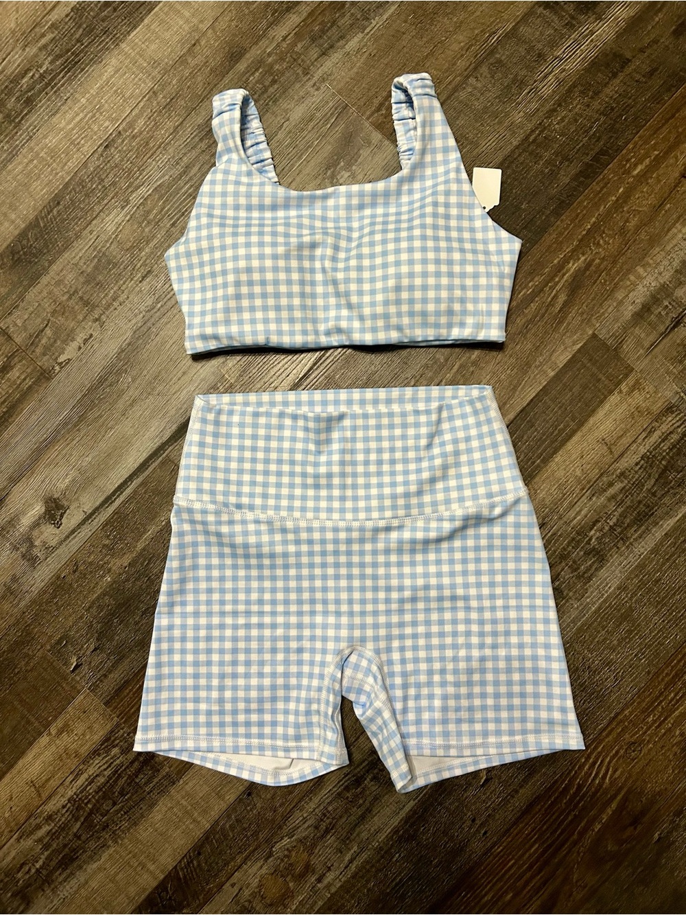 Blue & White Gingham Sports Bra and High-Waist Bike Shorts Set